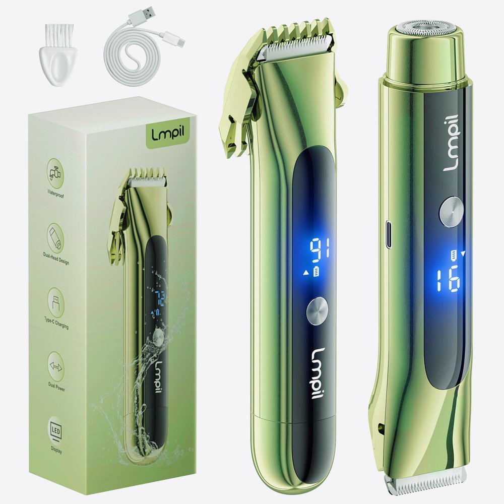 Bikini Trimmer for Women, 2-in-1 Electric Razor with Dual Heads, Ceramic Blade, Waterproof & Rechargeable, Painless Pubic Hair Shaver for Bikini, Underarm, Legs, Face | Gift for Her- EmeraldGreen
