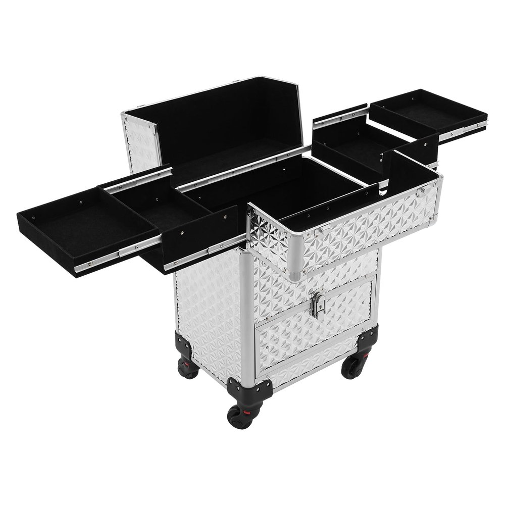 3 Tier Rolling Lockable Makeup Train Case, Hairdressing Travel Case with Wheels, Cosmetology Case on Wheels, Luggage Travel Organizer Tool Box for Makeup Tattooist Nail Tech HairstylistsSilver