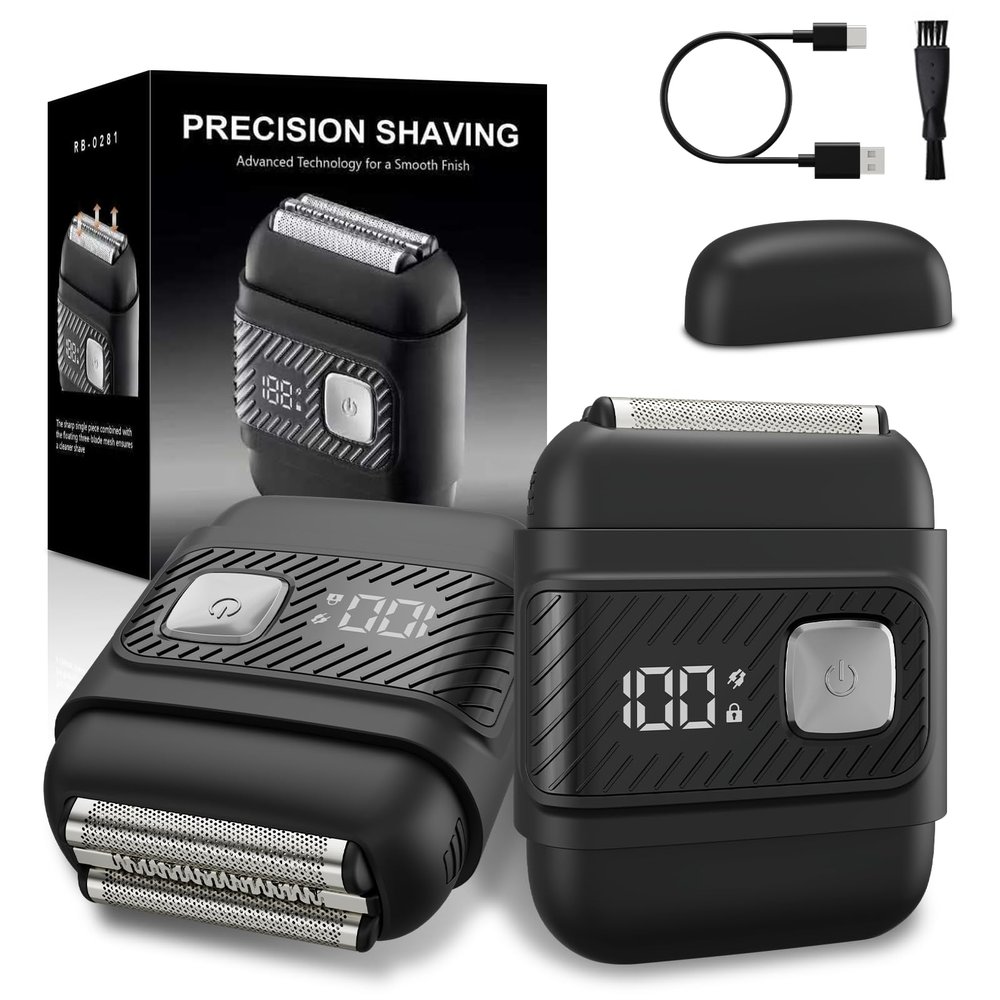 Electric Foil Shavers for Men: Mini Electric Razor for Beard/Face with 3 Floating Blades & LED Display, Cordless Face Shaver with IPX6 Waterproof Wet/Dry, USB-C Fast Chage & Travel Lock, Carbon Black