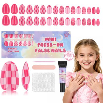Qiek 16 Sizes Press on Nails Kit for Kids - 32 Pieces French Almond Fake Nail Tips for Girls 8-12 Years Old with Jelly Nail Adhesives & No-Lamp Nail Glue, Birthday Christmas Gifts (Rose Pink Grid)
