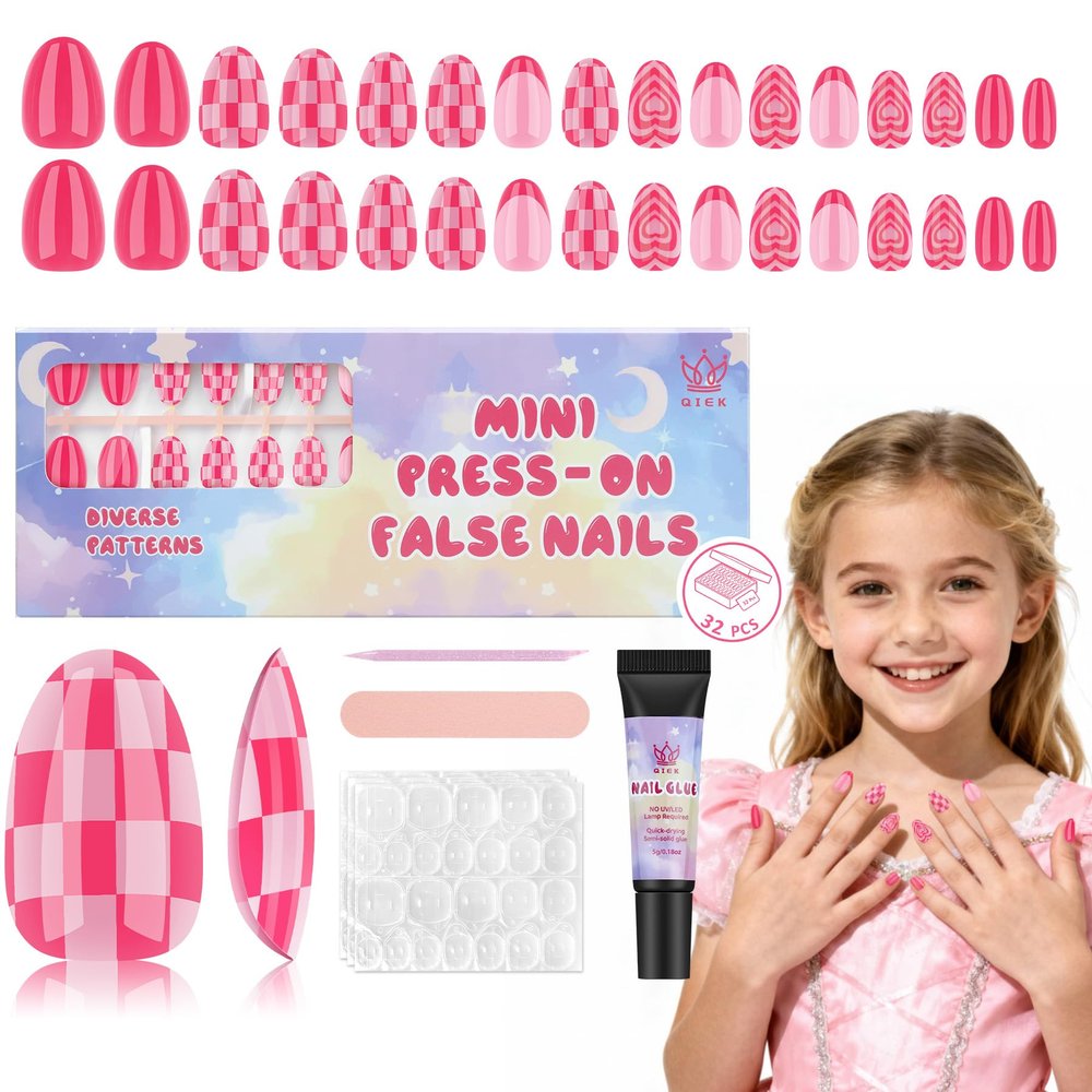 Qiek 16 Sizes Press on Nails Kit for Kids - 32 Pieces French Almond Fake Nail Tips for Girls 8-12 Years Old with Jelly Nail Adhesives & No-Lamp Nail Glue, Birthday Christmas Gifts (Rose Pink Grid)
