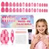 Qiek 16 Sizes Press on Nails Kit for Kids - 32 Pieces French Almond Fake Nail Tips for Girls 8-12 Years Old with Jelly Nail Adhesives & No-Lamp Nail Glue, Birthday Christmas Gifts (Rose Pink Grid) view 1