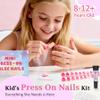 Qiek 16 Sizes Press on Nails Kit for Kids - 32 Pieces French Almond Fake Nail Tips for Girls 8-12 Years Old with Jelly Nail Adhesives & No-Lamp Nail Glue, Birthday Christmas Gifts (Rose Pink Grid) view 2