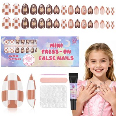 Qiek 16 Sizes Press on Nails Kit for Kids - 32 Pieces French Almond Fake Nail Tips for Girls 8-12 Years Old with Jelly Nail Adhesives & No-Lamp Nail Glue, Birthday Christmas Gifts (Cozy Autumn)