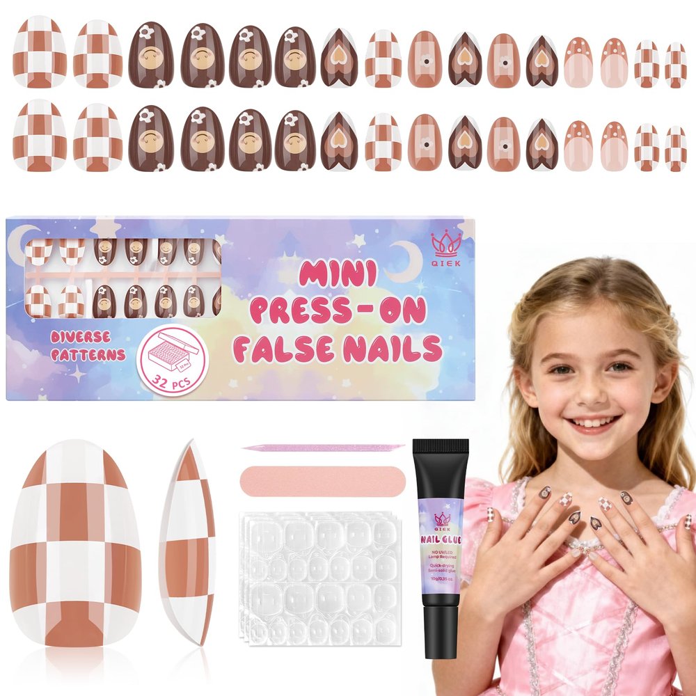 Qiek 16 Sizes Press on Nails Kit for Kids - 32 Pieces French Almond Fake Nail Tips for Girls 8-12 Years Old with Jelly Nail Adhesives & No-Lamp Nail Glue, Birthday Christmas Gifts (Cozy Autumn)