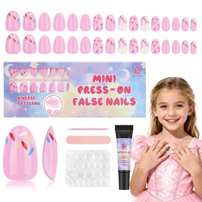 Qiek 16 Sizes Press on Nails Kit for Kids - 32 Pieces French Almond Fake Nail Tips for Girls 8-12 Years Old with Jelly Nail Adhesives & No-Lamp Nail Glue, Birthday Christmas Gifts (Pink Ice Cream)