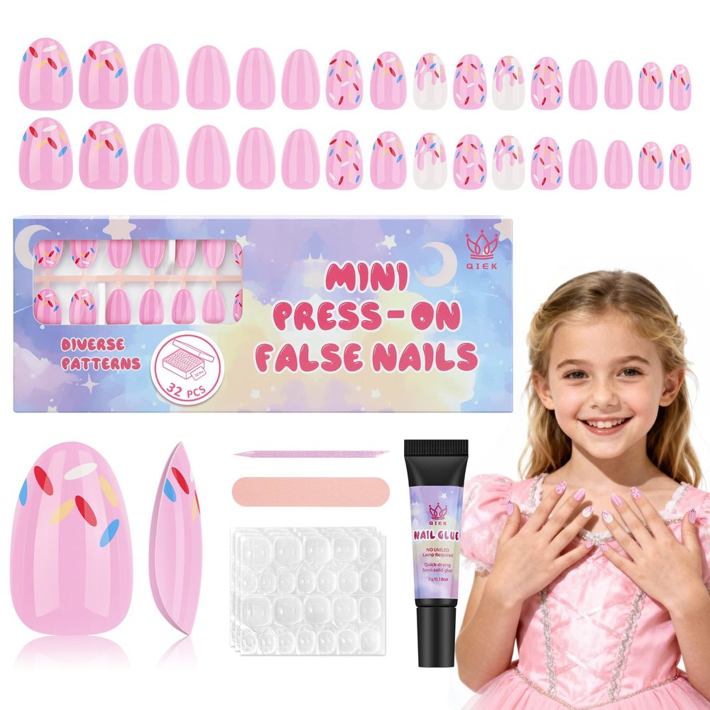 Qiek 16 Sizes Press on Nails Kit for Kids - 32 Pieces French Almond Fake Nail Tips for Girls 8-12 Years Old with Jelly Nail Adhesives & No-Lamp Nail Glue, Birthday Christmas Gifts (Pink Ice Cream)