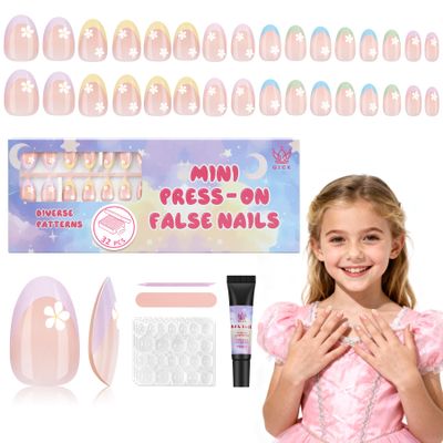 Qiek 16 Sizes Press on Nails Kit for Kids - 32 Pieces French Almond Fake Nail Tips for Girls 8-12 Years Old with Jelly Nail Adhesives & No-Lamp Nail Glue, Birthday Christmas Gifts (Colorful Flower)