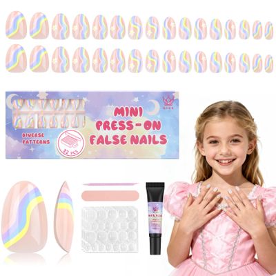 Qiek 16 Sizes Press on Nails Kit for Kids - 32 Pieces French Almond Fake Nail Tips for Girls 8-12 Years Old with Jelly Nail Adhesives & No-Lamp Nail Glue, Birthday Christmas Gifts (Rainbow Flower)