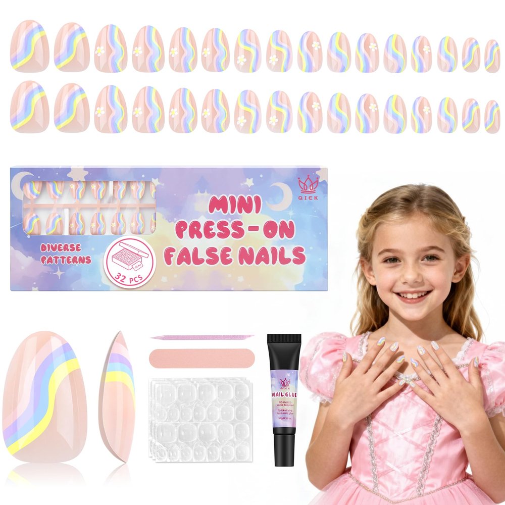 Qiek 16 Sizes Press on Nails Kit for Kids - 32 Pieces French Almond Fake Nail Tips for Girls 8-12 Years Old with Jelly Nail Adhesives & No-Lamp Nail Glue, Birthday Christmas Gifts (Rainbow Flower)