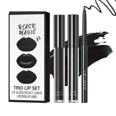 BERALLOYE 3pcs-Black Lipstick and Lip Liner Set Lip Kit,3 in 1 Velvet Lipstick Halloween Matte Liquid Lipstick Lip Gloss with Lip Pencil,Hydrating Lip Stain Lip MakeupBlack