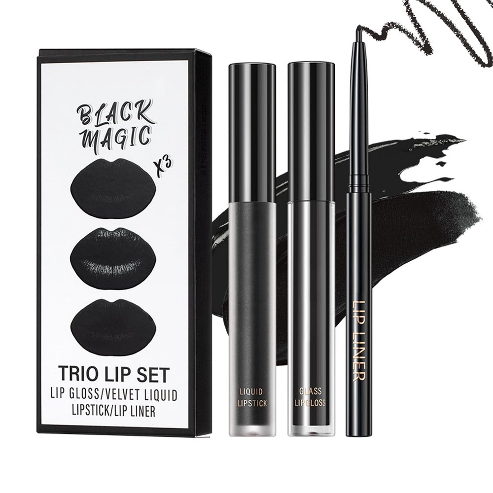 BERALLOYE 3pcs-Black Lipstick and Lip Liner Set Lip Kit,3 in 1 Velvet Lipstick Halloween Matte Liquid Lipstick Lip Gloss with Lip Pencil,Hydrating Lip Stain Lip MakeupBlack