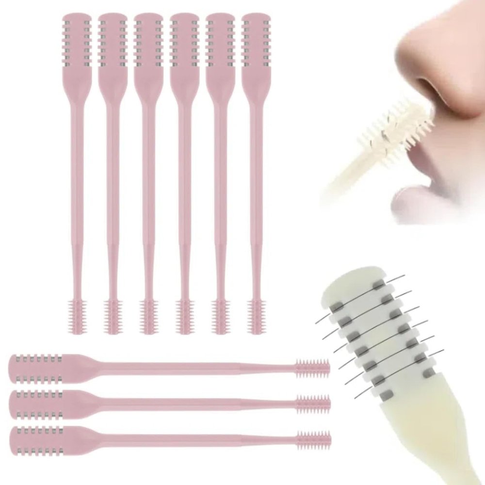 2-in-1 Nasal Hair Cutter for Men Women, Upgraded 360 Rotating Nostril Hair Removal Tool, Portable Double Sided Nose Hair Knife, Nostril Hair Removal Tool with Soft Cleaning Brush (Pink, 9pcs)
