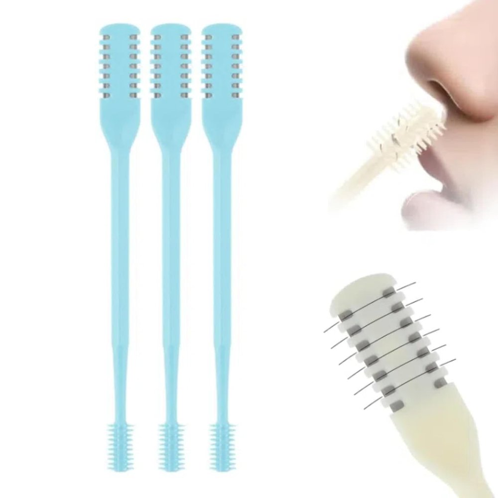 2-in-1 Nasal Hair Cutter for Men Women, Upgraded 360 Rotating Nostril Hair Removal Tool, Portable Double Sided Nose Hair Knife, Nostril Hair Removal Tool with Soft Cleaning Brush (Blue, 3pcs)