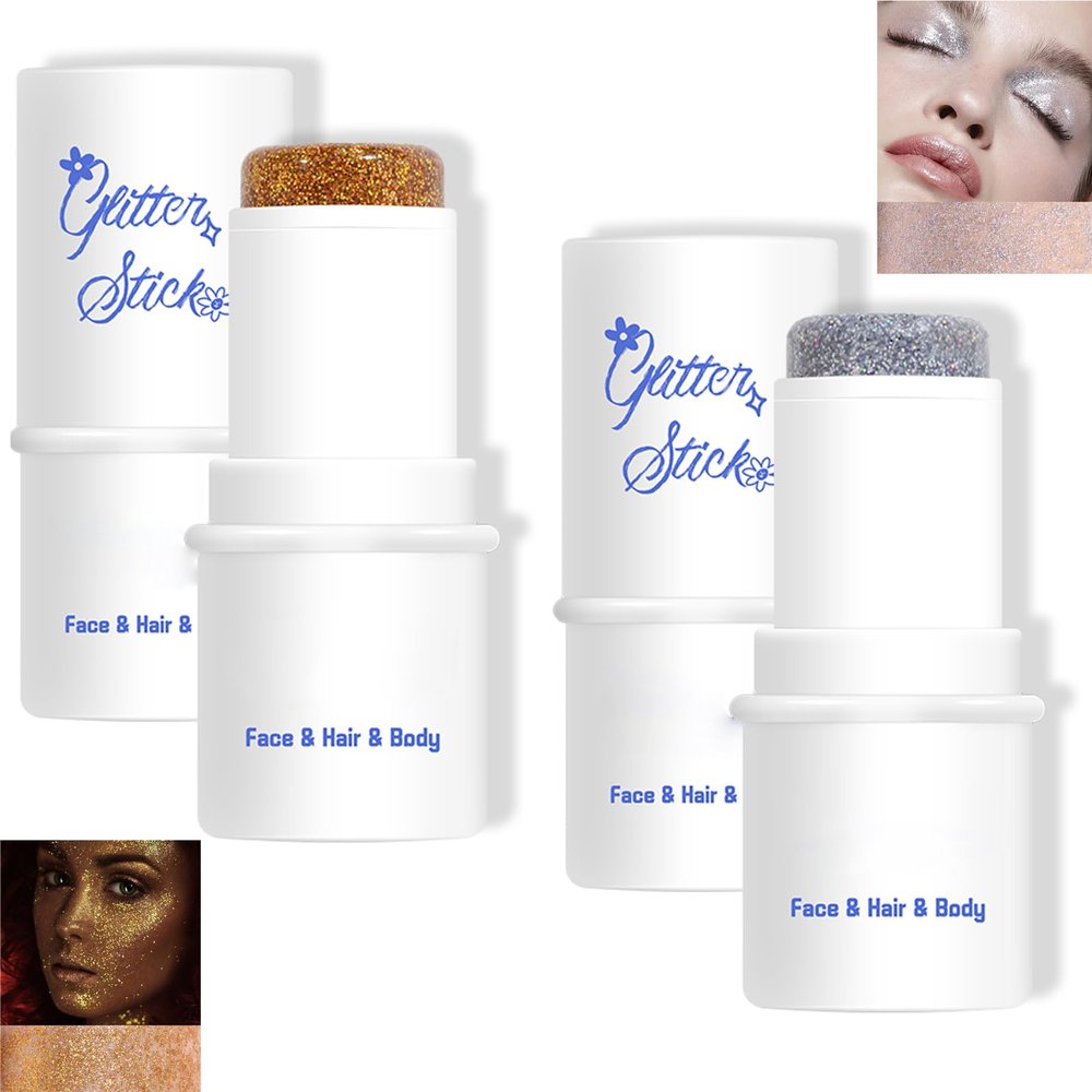 2pcs-Body Glitter Stick,Chunky Glitter Gel for Face Body Hair,Sparkling Holographic Mermaid Sequins Paint Multiuse Makeup Glitter Gel Gold and Silver
