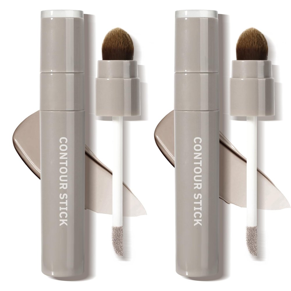 2PCS Cool Toned Liquid Contour Stick with Brush, Cool Grey Brown Cream Contour Bronzer Makeup Stick for Long Lasting Blendable Matte Face Nose-Contour Makeup, Contorno Maquillaje (#01+#01)