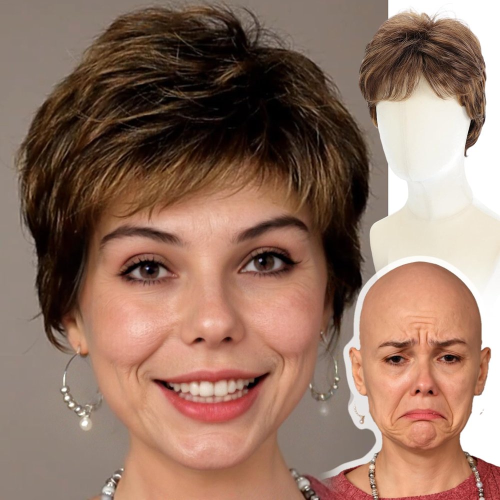 WIGYY Short Pixie Wigs for White Women  Warm Brown with Copper Highlights Curly Synthetic Wig with Bangs, Glueless Heat-Resistant Wigs, Lightweight Realistic Wig for Older Women Daily Wear