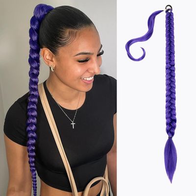 Mebeli Purple Braided Ponytail Extension with Elastic Tie, 26inch Purple Braid Ponytail Extension,Synthetic Straight Wrap Around Braided Ponytails Extension(26inch,#purple)