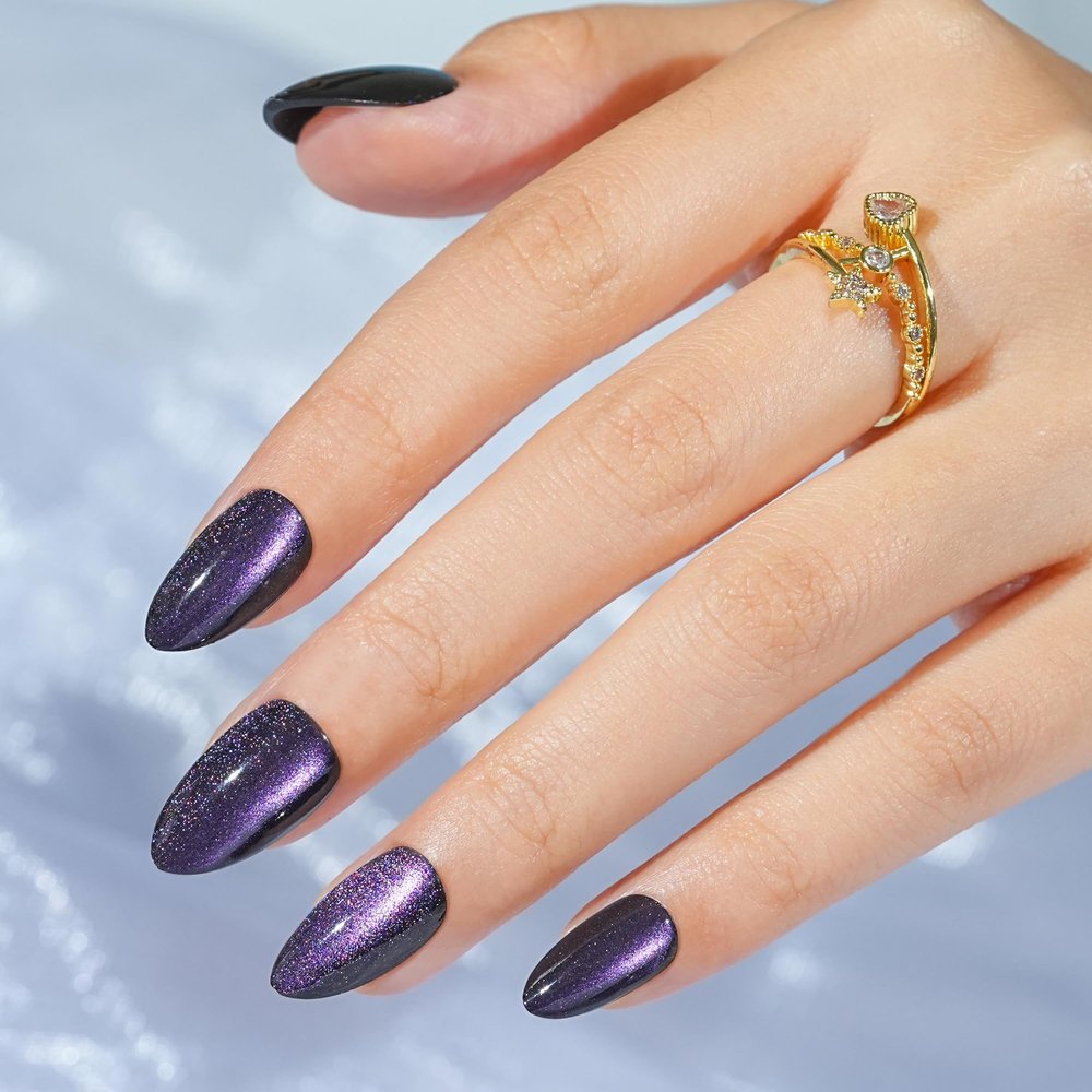 Cat Eye Press on Nails Short, Jofay Fashion Stylish Purple Press on Nails Almond, Soft Gel Fake Nails, Reusable & Natural Acrylic False Nails, Stick on Nails for Women Gift, Glue on Nails Kit 32 Pcs