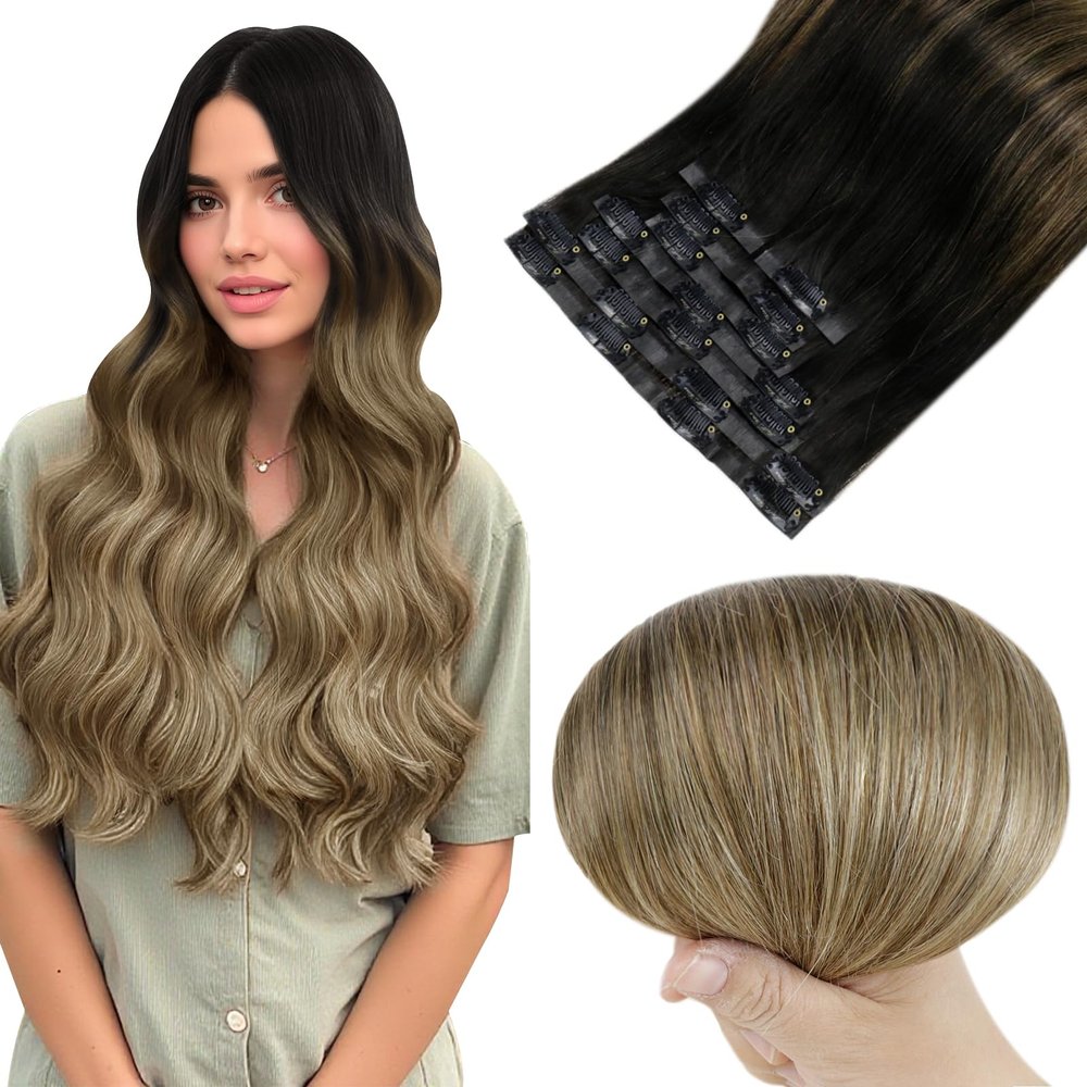 Full Shine Clip in Hair Extensions Black Ombre Real Hair Clip in Extensions Balayage Light Brown Mix Blonde Seamless Hair Extension Softness 18 Inch 8 PCS 120 G
