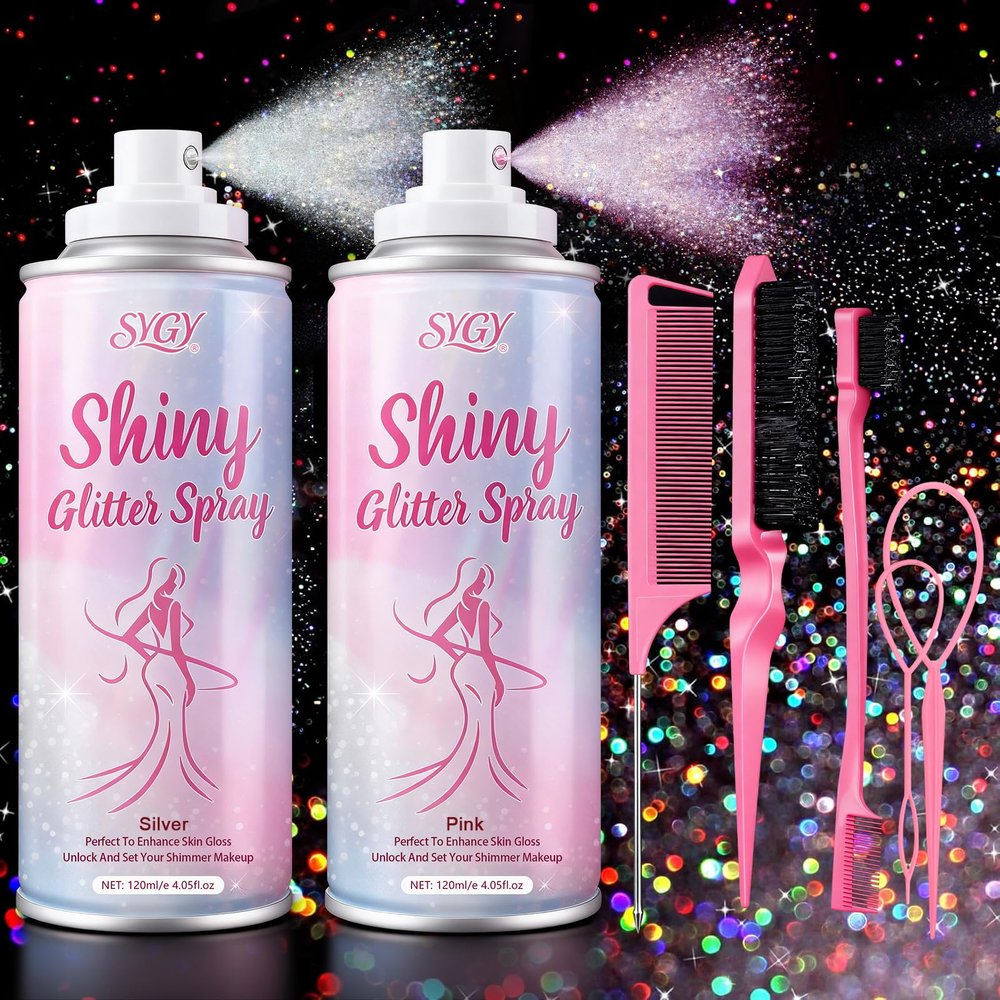Body Glitter Spray - Hair Body & Clothing Temporary Shiny Shimmer Mist, Silver & Pink with Comb Set, Long-Lasting Quick-Drying Hairspray, Cosmetic-Grade Sparkle for Festival Rave Prom Party