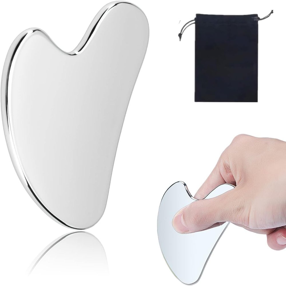 GYQORPHA Gua Sha Facial Tools Guasha for Face - Stainless Steel Gua Sha Tool - Massager Tool for Jawline & Chin,Fascia Massage Tool for Face Massage, Lymphatic Drainage Massager (Silver)