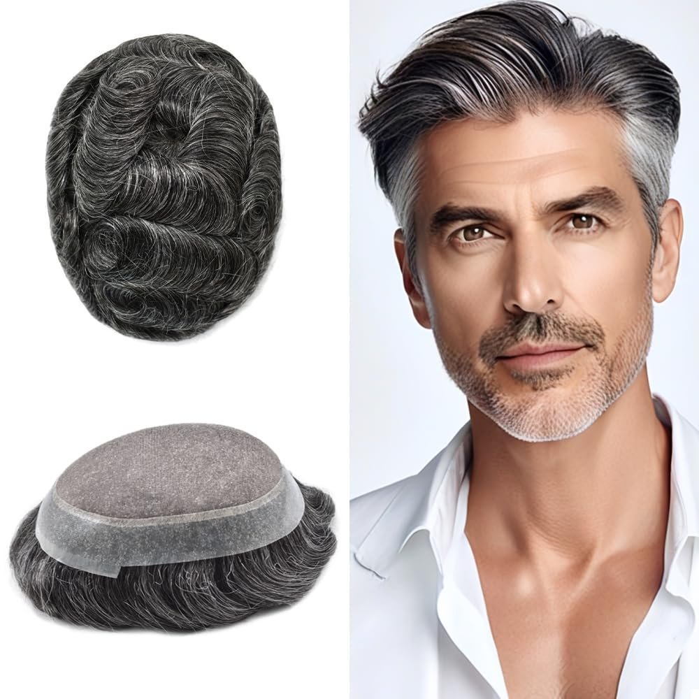 Hair Wonders Fine Mono Hair System for Men Toupee Hairpiece Human Hair Replacement System for Men Natural Hairline Mens Hairpieces #1B40#1B Off Black+40% Grey 6X9 120% Density