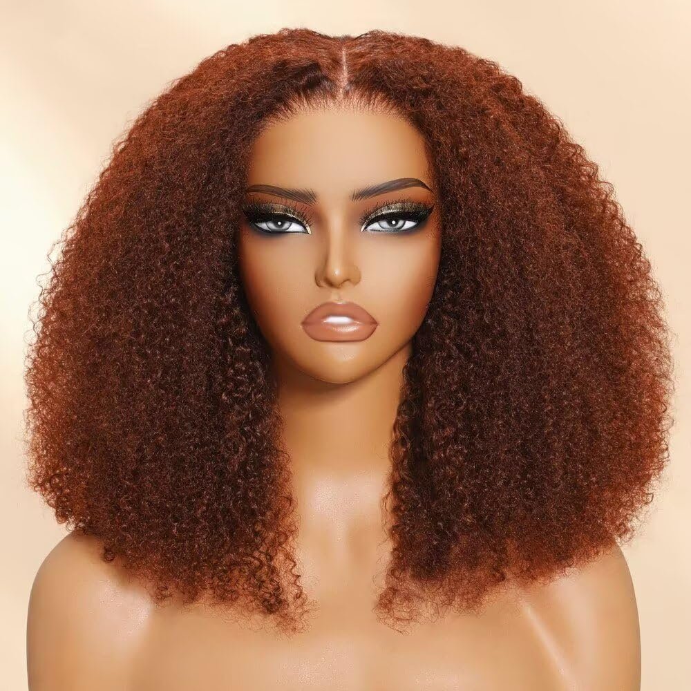 Reddish Brown Afro Kinky Curly Wig 13x6 180% Density Human Hair Pre Plucked HD Transparent Lace Front Wigs Short Bob Curl Brazilian Remy Hair Natural Hairline 12inch