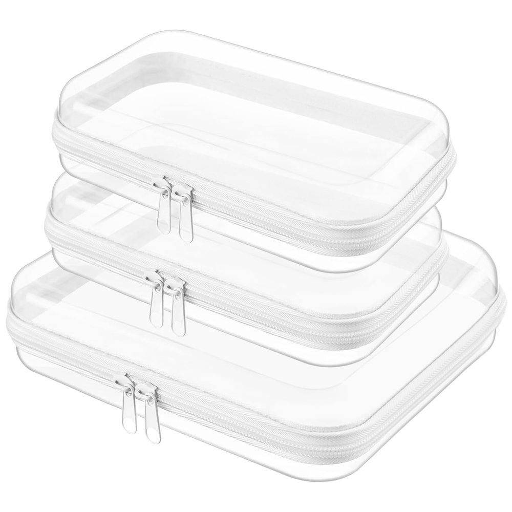 Topfinder Clear Hard Shell Zipper Case,Clear Toy Storage Pouch,Waterproof Transparent Organizer Comestic Case for Travel, Office, Home(White, M+2*S)