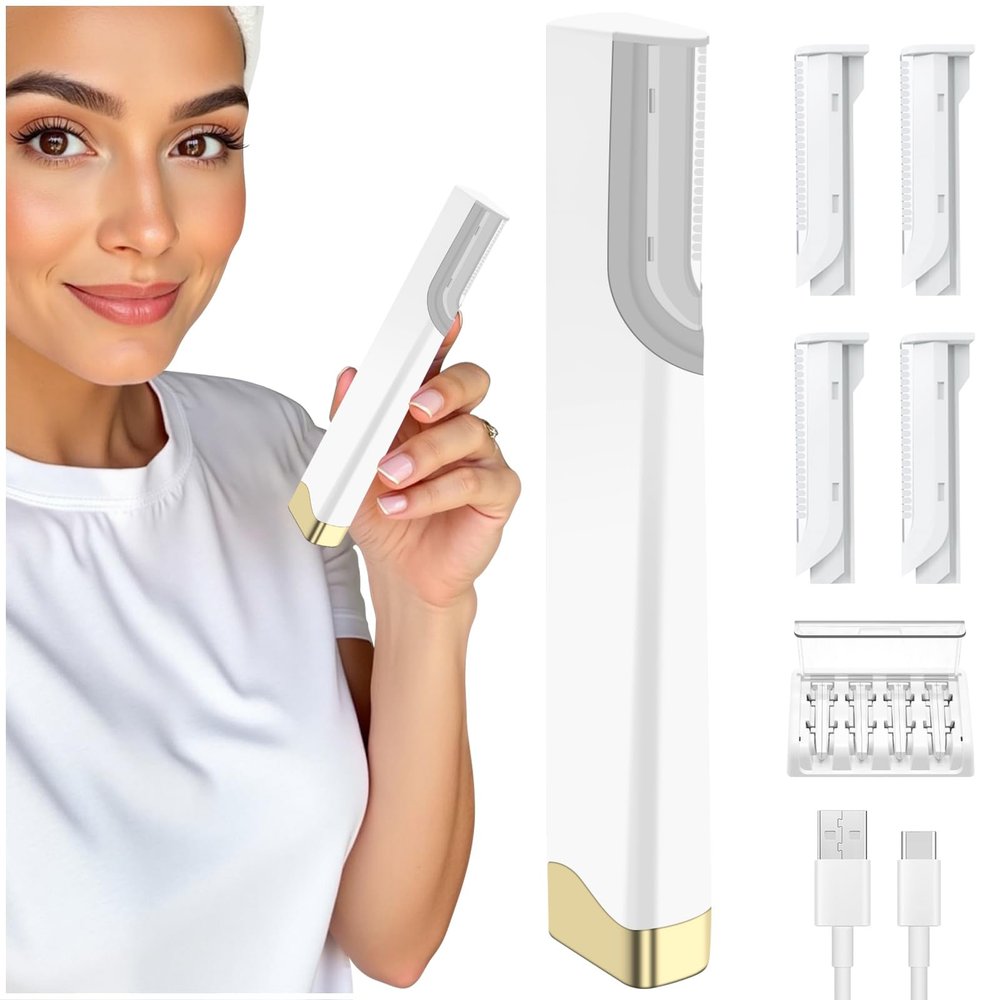 dermaplane Razor for Women face & Facial Hair Removal for Women, Rechargeable Electric Razor with 3 Vibration Modes, 5 Replaceable Blades, White LED Light, Ideal for Home Travel Use, White