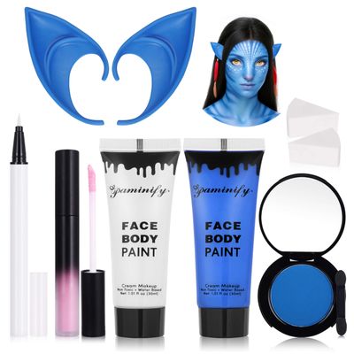 8pcs Avatar Makeup Kit,Navy Blue White Face Paint, Royal Blue Face Paint for Smurf Mystique Cosplay,Lip Gloss,White UV Eyeliner, Short Elf Ears,Single Eyeshadow,Halloween Body Paint Set with 2 Sponges
