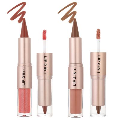 BERALLOYE 2pcs-Lip Glosses,2 in 1 Double Ended Lip Gloss Set, Nude Lip Mirror Effect, Velvet Matte Lip Liner, Long Lasting - Plumping - Moisturizing - Lip Effect, For Women, Chocolate & Cherry Red