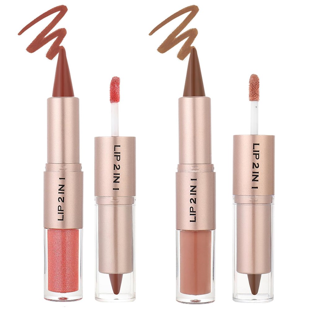 BERALLOYE 2pcs-Lip Glosses,2 in 1 Double Ended Lip Gloss Set, Nude Lip Mirror Effect, Velvet Matte Lip Liner, Long Lasting - Plumping - Moisturizing - Lip Effect, For Women, Chocolate & Cherry Red