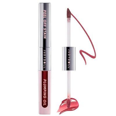 JUDYDOLL Peel Off Stain and Plumping Oil Duo - Long-Lasting Lip Stain with 3D Plumping Gloss, Hydrating and Non-Sticky Formula (#03 Cherry Spark)