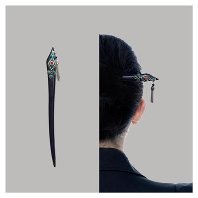 Hair Pin for Women, Vintage Handmade Ebony Hair Accessory National Bohemian holiday green palace exquisite tassel daily commuting hairpin, Traditional Oriental Ancient Style Hair