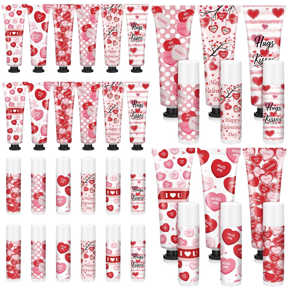 Demissle 18 Sets Valentines Gifts Bulk Mini Lotion Hand Cream and Lip Balm Gift Set Heart Theme Travel Size Beauty Valentines Galentines Favor for Women Guest Coworker