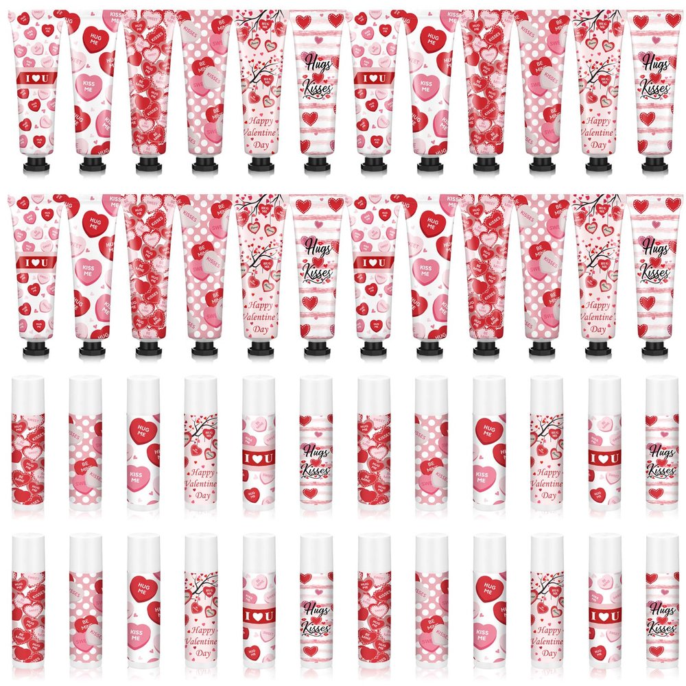 Demissle 24 Sets Valentines Gifts Bulk Mini Lotion Hand Cream and Lip Balm Gift Set Heart Theme Travel Size Beauty Valentines Galentines Favor for Women Guest Coworker