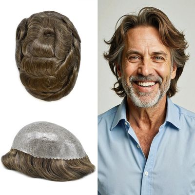 SINGA HAIR Full Poly Hair Pieces for Men Toupee Hair System PU Injection Real Human Hair Replacement System Protesis Capilar #510#5 Medium Light Brown+10% Grey 7X9 120% Density