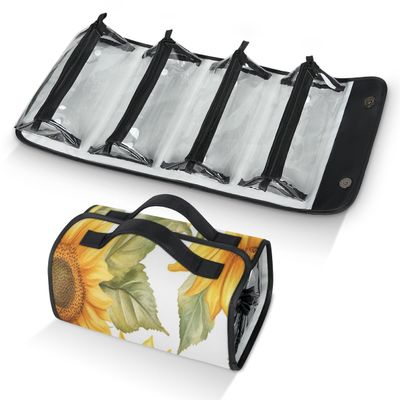 Adornori Yellow Flowers Hanging Roll Up Makeup Bag Sunflower Large Capacity Foldable 4-in-1 Roll Up Toiletry Kit for Women
