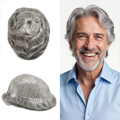 SINGA HAIR Full Poly Hair Pieces for Men Toupee Hair System PU Injection Real Human Hair Replacement System Protesis Capilar #1B80#1B Off Black+ Grey 6x9 120% Light Medium To Medium Density