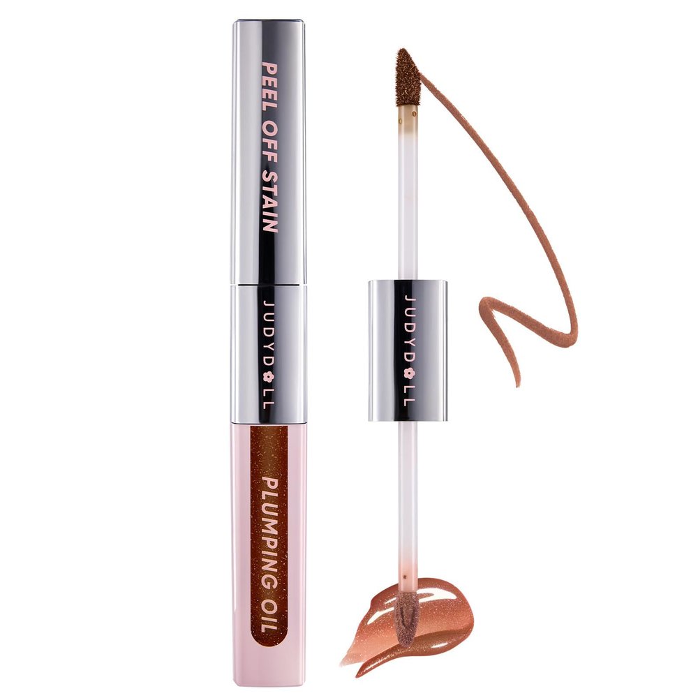 JUDYDOLL Peel Off Stain and Plumping Oil Duo - Long-Lasting Lip Stain with 3D Plumping Gloss, Hydrating and Non-Sticky Formula, Stocking Stuffers (#05 Coco Bronze)
