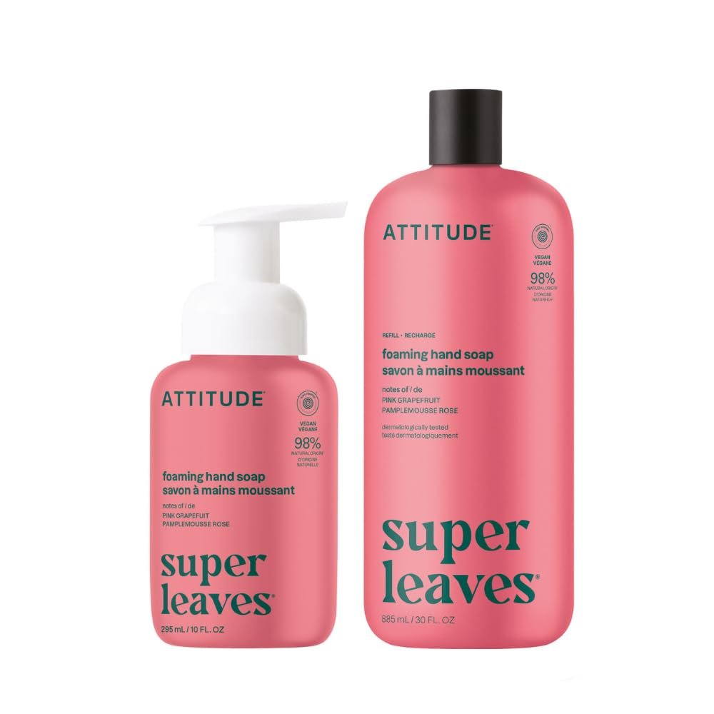 ATTITUDE Foaming Hand Soap & Refill Bundle, EWG Verified, Natural & Plant-Based Hand Wash, Gentle & Moisturizing, Vegan, Pink Grapefruit Scent, 10 Fl Oz & 30 Fl Oz