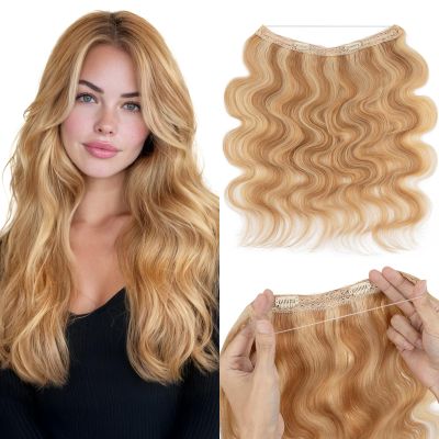 MY-LADY Wavy Halo Hair Extensions Real Human Hair for Women Golden Brown & Bleach Blonde Clip in Remy Hairpiece with Adjustable Invisible Wire 18 Inch 65G