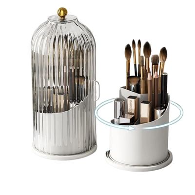 360 Rotating Makeup Brush Holder with Lid, Gray Glass Storage Container, Waterproof Dustproof Organizer for Vanity Countertop, Beauty Brushes, Toothbrush Storage (transparent color)