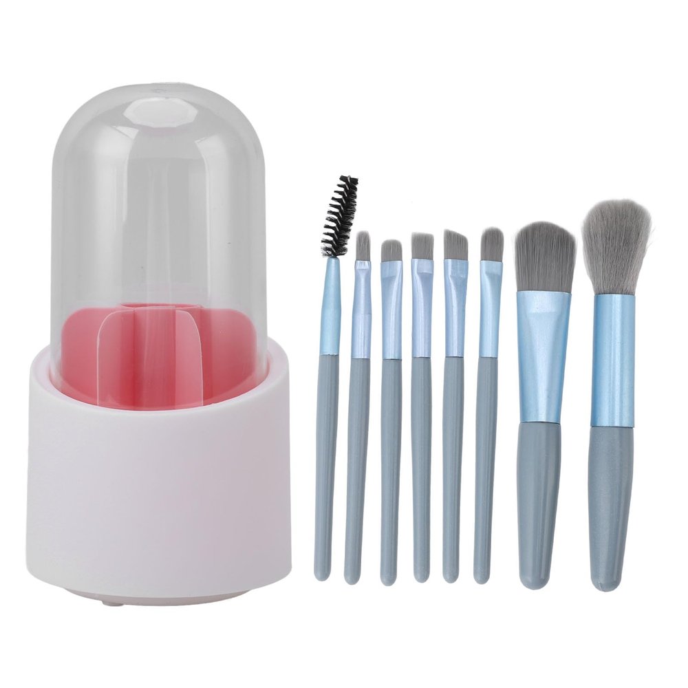 360 Rotating Makeup Brush Holder Organizer with 8pcs Brushes and Transparent Lid, 7 Slot Cosmetic Storage Set (Pink)