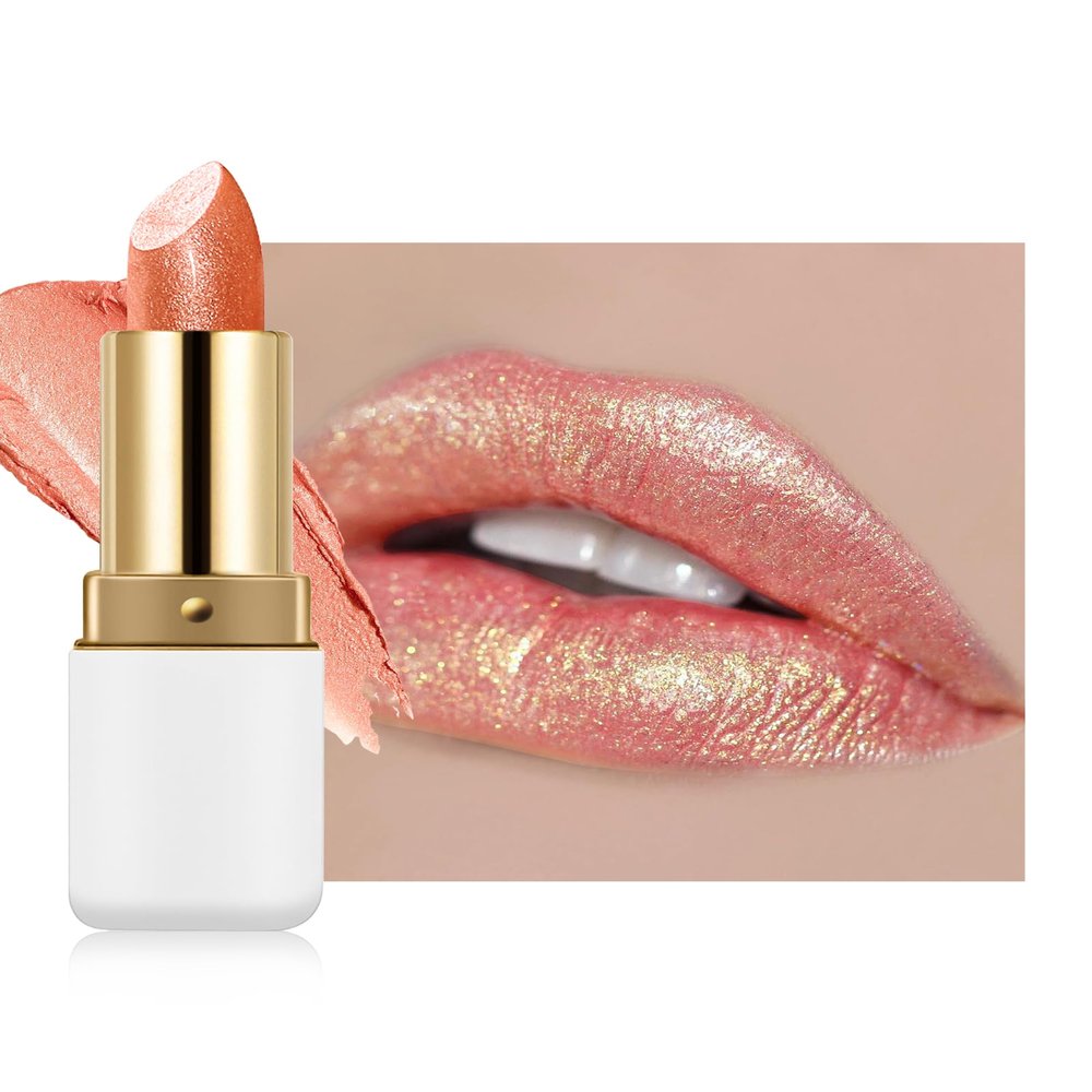 Frosted Shimmer Lipstick, Orange Gold Metallic Glitter Lip Gloss for Women