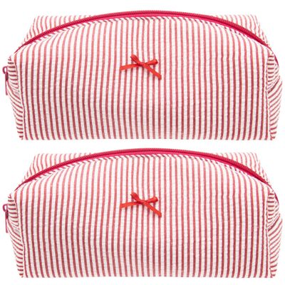 PAZIMIIK 2PCS Cozy Makeup Bag Small Aesthetic Travel Zipper Cosmetic Pouch for Women Make Up Beauty Accessories Brushes, Stripe Red
