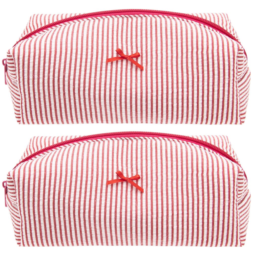 PAZIMIIK 2PCS Cozy Makeup Bag Small Aesthetic Travel Zipper Cosmetic Pouch for Women Make Up Beauty Accessories Brushes, Stripe Red