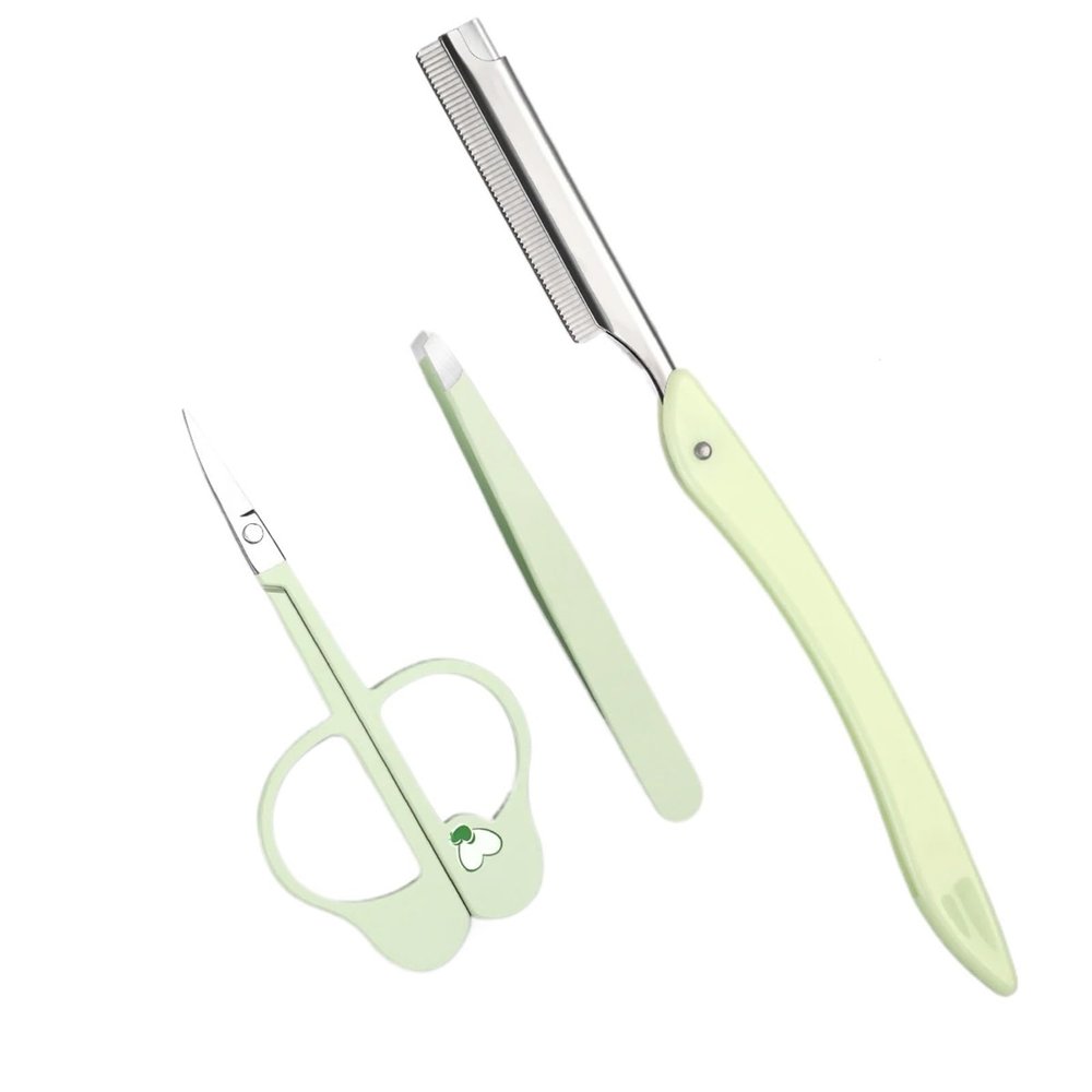 Eyebrow Trimmer 3pcs stainless steel eyebrow scissors, equipped with scissors, eyebrow trimmer and tweezers, create exquisite eyebrows.(Green)