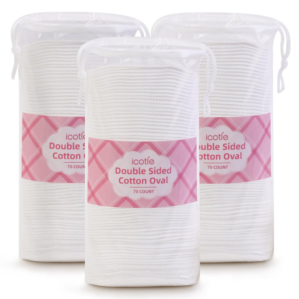 ICOTLE Large Oval Cotton Pads, 210 Count, Premium 3-Layer Dual Textured Design, Lint-Free and Ultra-Soft Cotton Ovals for All Skin Types, Perfect for Makeup Removal, Facial Cleansing, and Skincare